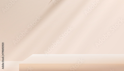 Background Beige Wall Studio Room with Light,Shadow on Table,Backdrop for Spring,Summer product presentation,Empty 3D Display Room with Stand Concept for Web Banner in Autumn,Fall Season.
