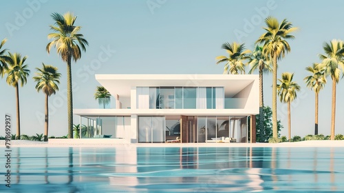 Geometric abstract house or hotel. Beach house or villa among palm trees. Summer vacation concept background with copy space © Jing