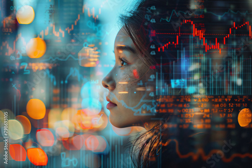 Double-exposure photo of a woman and digital stock charts and graphs  personal investment  global market  female financial expert concept
