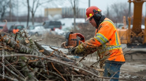 A worker using a chainsaw to trim branches near a construction site. 