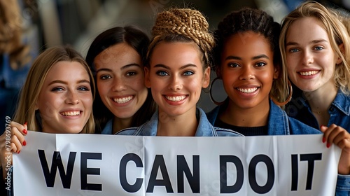 Group of diverse young women smiling and holding a banner with the text 