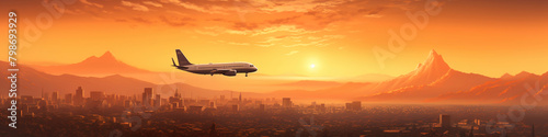 An airplane flying over at sunset. Hot tones panorama.