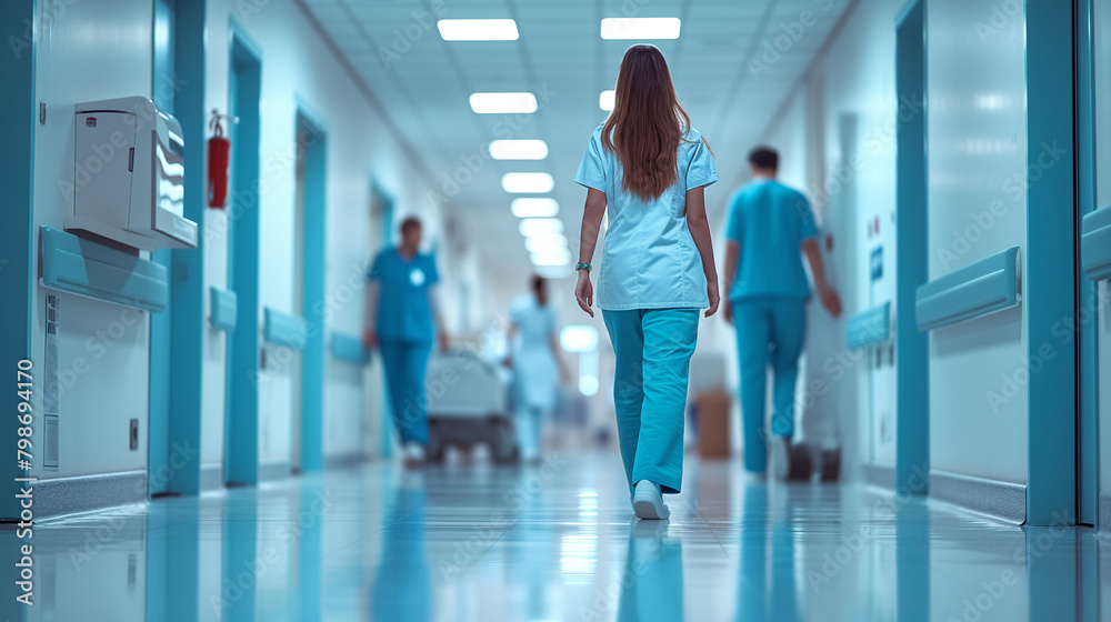 Healthcare professionals swiftly navigating a hospital corridor