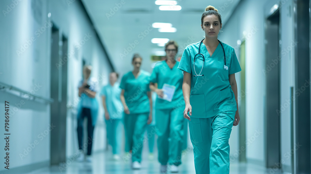 Healthcare professionals in motion, urgency in a sterile hospital corridor. Medical staff in a hurry.