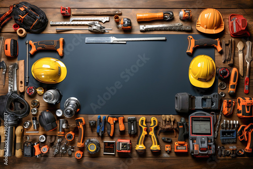 A table topped with lots of different tools and instruments. Copy empty space. photo