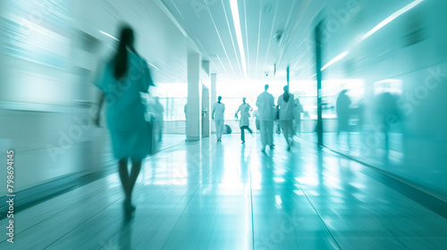 Healthcare professionals in motion, urgency in a sterile hospital corridor. Medical staff in a hurry.