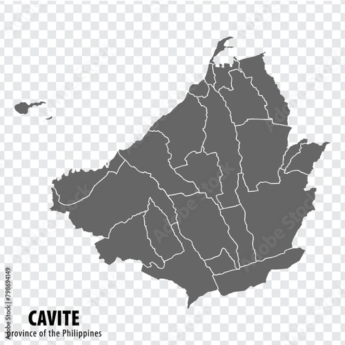 Blank map Cavite of Philippines. High quality map Province of Cavite  with districts on transparent background for your web site design, logo, app, UI.  Republic of the Philippines.  EPS10. photo