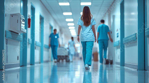Healthcare professionals swiftly navigating a hospital corridor