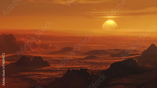 Desert landscape on alien planet,sand dunes and sun set in background. Science fiction scene.