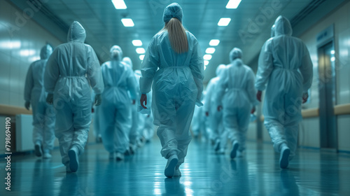 Healthcare workers in hazmat suits stride through a hospital corridor