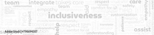 tag cloud with words inclusiveness, supportiveness, help, aid