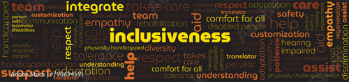 tag cloud with words inclusiveness, supportiveness, help, aid photo