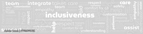 tag cloud with words inclusiveness, supportiveness, help, aid