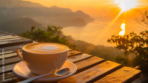 A white coffee cup with a heart design sits on a wooden table overlooking a body of water. The sun is setting, casting a warm glow over the scene. The cup is filled with coffee