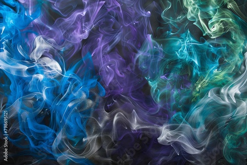 Vibrant Smoke Illusions: Ethereal Patterns Dance in Dark Blue and Purple, Silver Glimmers, Emerald Green Night Fantasy
