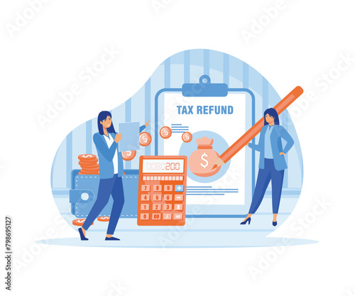 Two female making tax refund. Concept of accounting, payment, financial bill. Tax optimization, deduction and refund. flat vector modern illustration