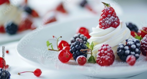 Closeup of Meringue, decorated with cream and berries