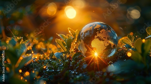 A crystal ball in the middle of a forest with the sun rising in the background.