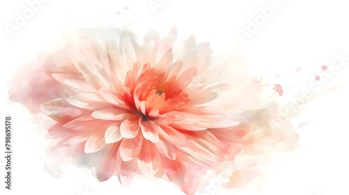 Delicate Chrysanthemum Bloom in Watercolor on Bright White Background