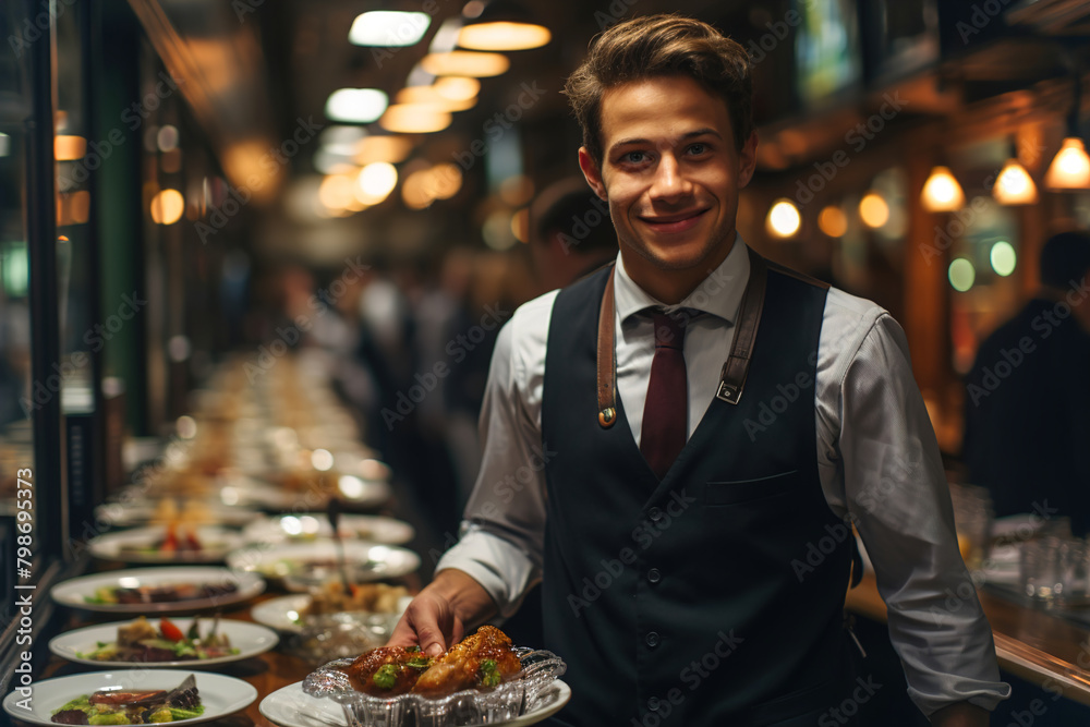 A man waiter hold a plate of food in a restaurant. Many tables on background.