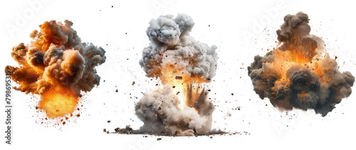 Set of smoke and explosion effect cut out, illustration of a burning fire. Isolated on transparent background.