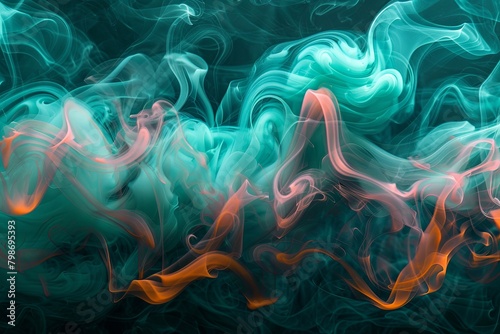 Turquoise Smoke Spirals and Electric Pink Curls in a Dark Ocean of Shadows: Vibrant Orange Waves © Michael