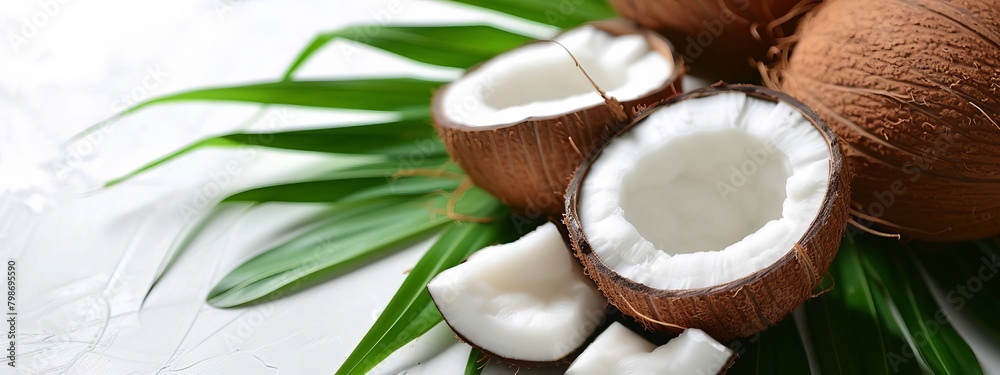 Coconuts with leaves on a white background, selective focus, Generative AI, Coconuts with leaves on a white background, selective focus, Generative AI,