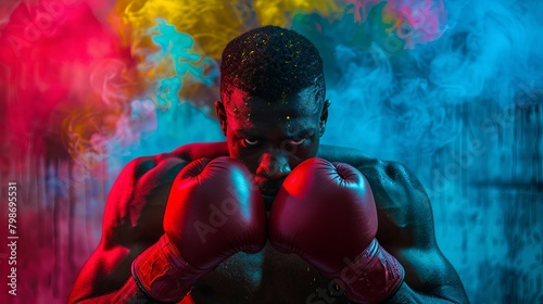Intense boxer ready to fight with colorful smoke background photo