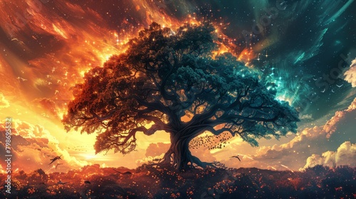 A giant tree with a starry night sky and a colorful aurora in an explosion of energetic