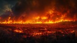A wildfire burns across a field at night.
