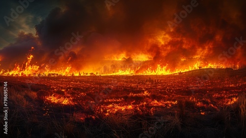 A wildfire burns across a field at night. photo
