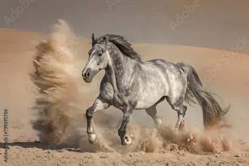 Wild and Free  Desert Dance of a Grey Horse - Hooves Kicking Up Dust