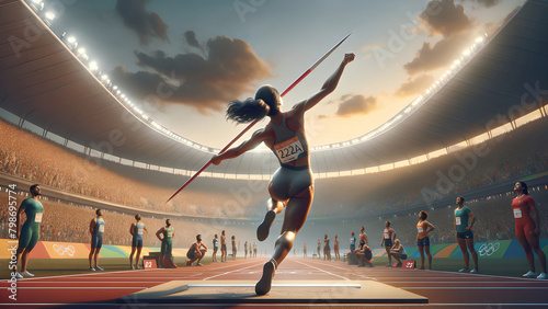 Atleta di atletica leggera impegnata nel lanciodel giavellotto, sport olimpico, femminile.