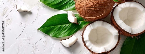 Coconuts with leaves on a white background, selective focus, Generative AI,