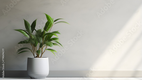 Large green plant in white pot on ledge next to wall