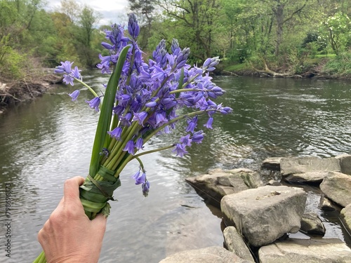 Blumenstrauß in der Hand, einer Frau am Fluss Wupper als Zeichen der Trauer beziehungsweise Flussbestattung