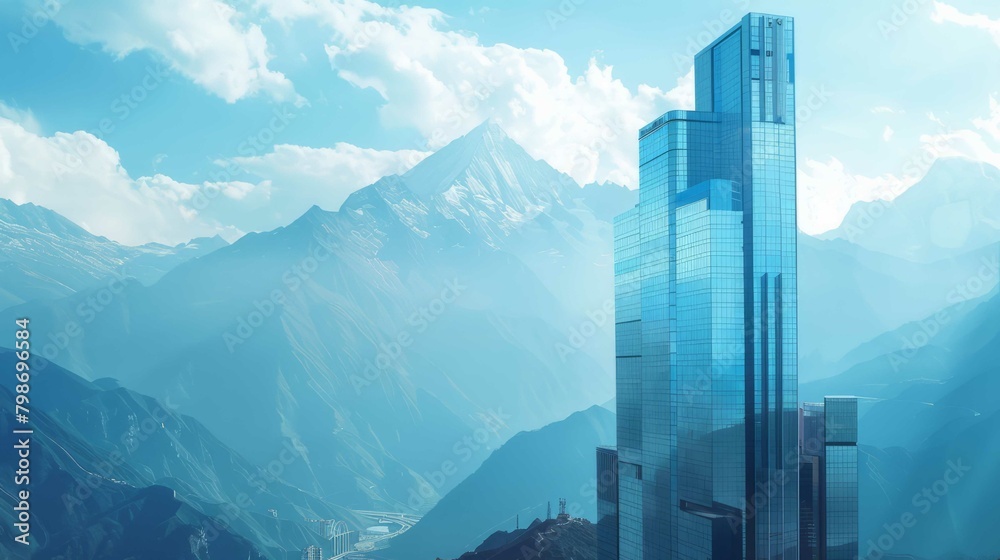 Fototapeta premium Architectural Majesty: Skyscraper Against Mountain