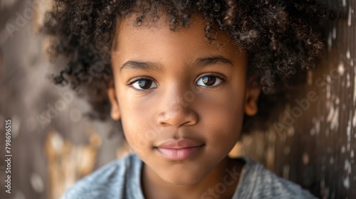 African American youngster with curly hair dressed casually looks solemn and unconstrained gazing directly at the camera photo