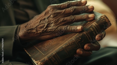 Hands tenderly holding a family heirloom Bible, passed down through generations, during a special service, linking tradition and faith.