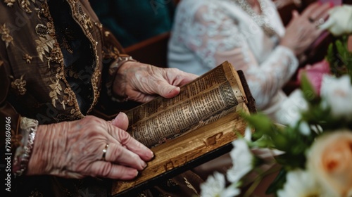 Hands tenderly holding a family heirloom Bible, passed down through generations, during a special service, linking tradition and faith.