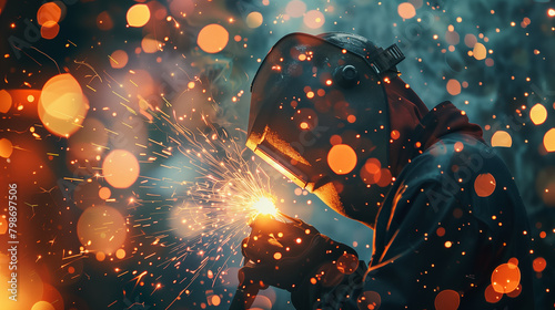 welder is welding metal , industry them bokeh and sparkle background,
