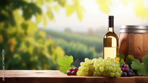 Tasty wine and on wooden table on grape plantation background