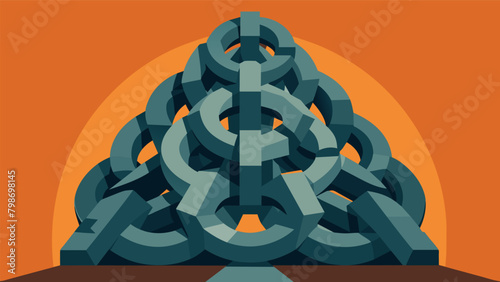 A large intricate sculpture made of intertwined metal chains is unveiled representing the interconnectedness of the struggle for freedom and the need. Vector illustration