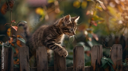A kitten is climbing a wooden fence