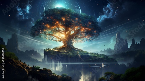 Mystical giant tree with luminous branches on a cliff over serene lake