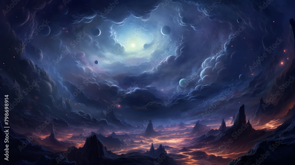 Mystical alien landscape with glowing celestial bodies in a starry night sky