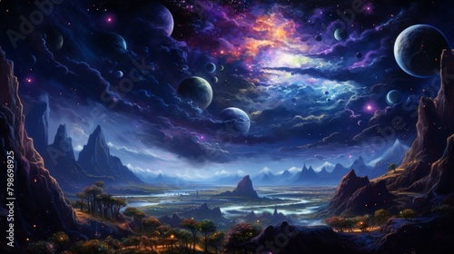 Mystical alien landscape with glowing celestial bodies in a starry night sky