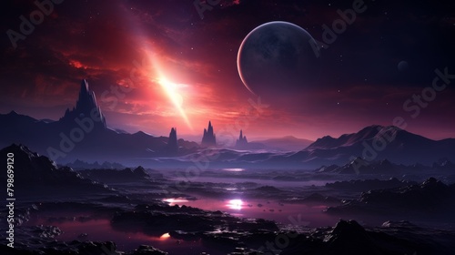 Dramatic alien landscape with a giant planet and sunset over rocky terrain