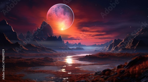Dramatic alien landscape with a giant planet and sunset over rocky terrain