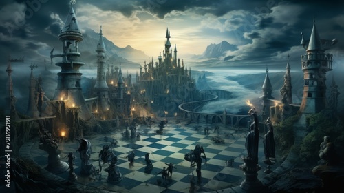 Fantasy chessboard planet with majestic castles, mountains, and dramatic skies photo